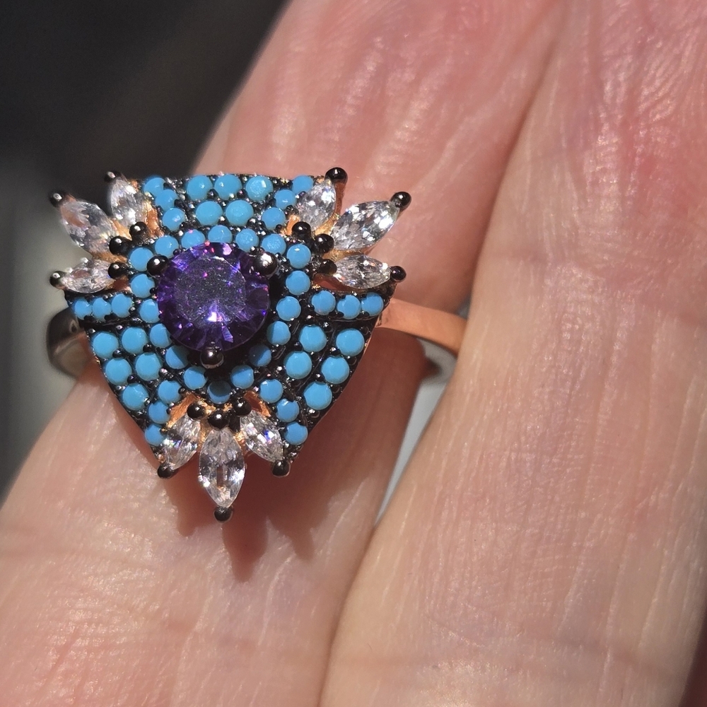 Amethyst Turquise & topaz Sterling & Rosegold Ring Sz8 - Picture 3 of 12